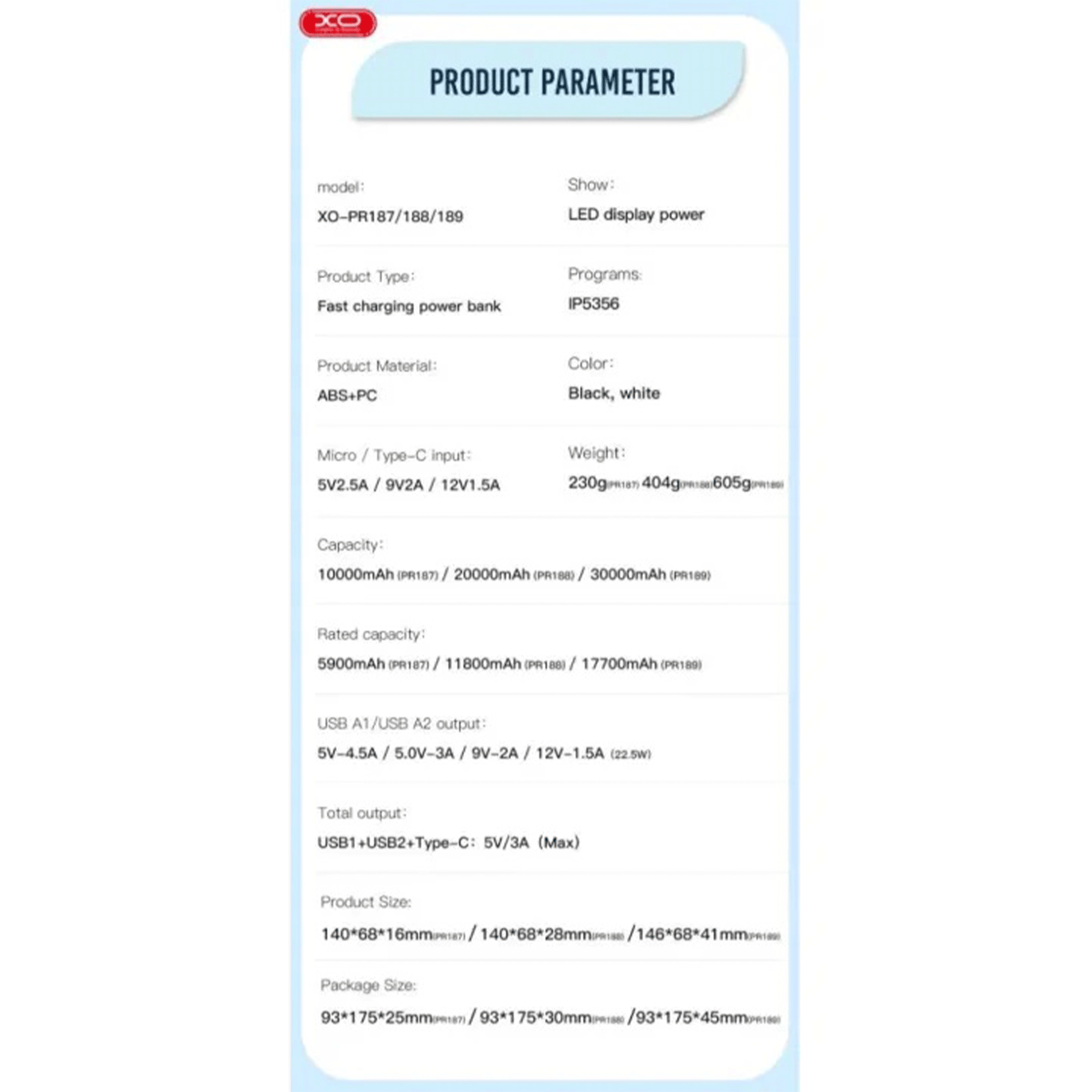 XO PR188 20000mAh PD Power Bank
